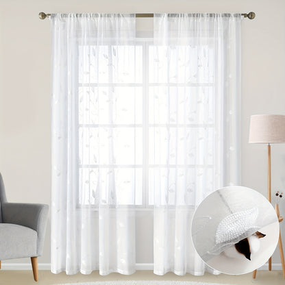 2pcs Sheer Curtains With Embroidery Leaf Pattern, Rod Pocket Faux Linen Floral Semi Curtains Voile Window Curtains Kitchen Curtains, Drapes for Bedroom Living Room