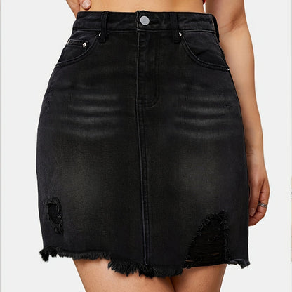 Medium Stretch High-Waist Ripped Denim Skirt - Casual Summer Fashion with Frayed Hem, Solid Black Color, Brief Length, and Hand Washable - Perfect for Slim Fit Women
