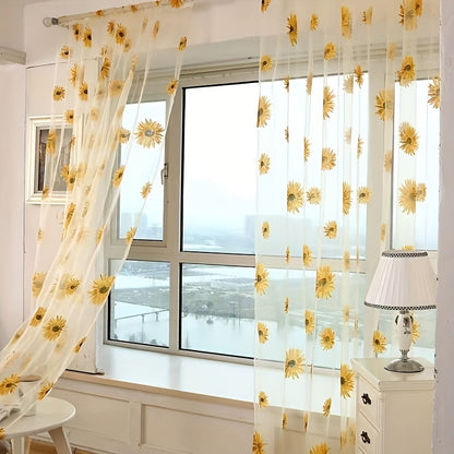 1pc Vibrant Sunflowers Print Semi-sheer Curtain with Stylish Rod Pocket - Light Filtering Voile Drape for Indoor Elegance - Perfect in Living Room, Bedroom, Kitchen or Cafe