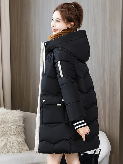 Midi Length Raglan Sleeve Hooded Jacket - Contrast Trim Zipper Front, Flap Pockets, Long Sleeve, Solid Color, Machine Washable, Casual Polyester Outerwear - Womens Clothing