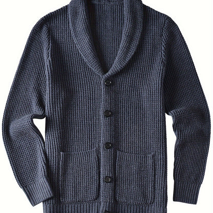Mens Long Sleeve Green Shawl Collar Solid Color Acrylic Knit Cardigan Sweater with Pocket - Soft, Slight Stretch Fabric, Regular Fit, Placket Closure - Perfect for Fall and Winter Seasons