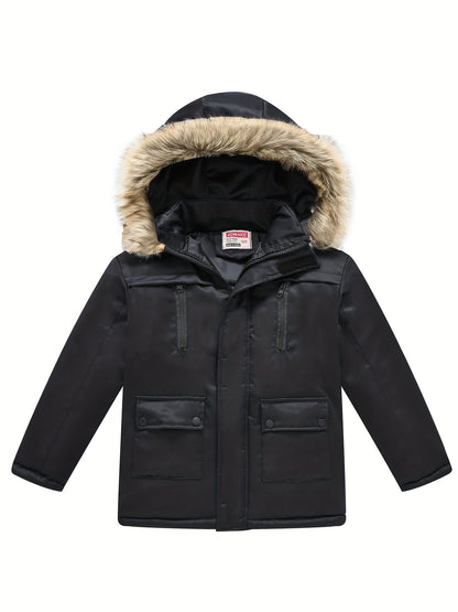 Teenagers Lapel Collar Winter Coat - Detachable Hood, Zipper Closure, Polyester Fabric, Regular Fit, Hand Washable - Solid Color, Casual Style, Woven Construction