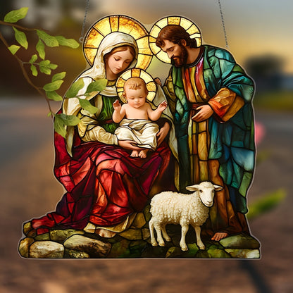 Holy Family Nativity Scene Suncatcher - 9"x9" Colorful Acrylic Window Hanging, Religious Decor for Home & Garden, Ideal Gift for Mom, Sisters, and Pastors