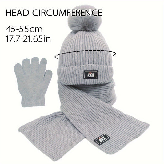 2pcs+1pair Children's Scarf & Hat & Gloves Set, Autumn And Winter Baby Warm Fleece Lined Gloves, Boys And Girls Knitted Hat