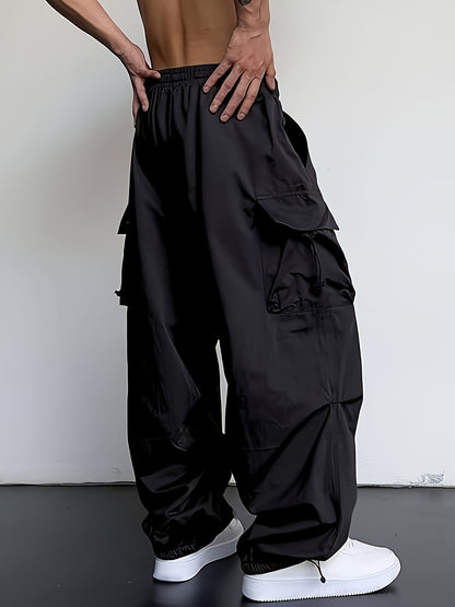 Men's Solid Color Baggy Cargo Pants With Drawstrings, Multi-pocket Casual Stylish Outdoor Trousers As Gift