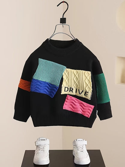 Stylish Boys' Color Block Patchwork Sweater - Fall/Winter Casual Knit Pullover - Soft, Warm, and Cozy Crew Neck Jumper for Autumn with Classic Design and Comfortable Fit