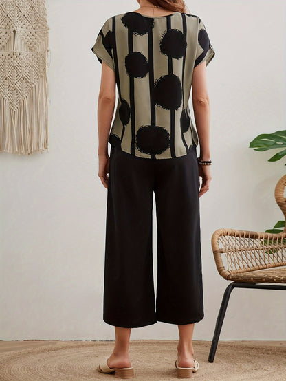 Summer Chic Pantsuit Set - Women's Casual Dot Print Crew Neck Blouse & Solid Color Loose Cropped Pants with Comfortable Fabric and Relaxed Fit - Perfect for Warm Weather Outings