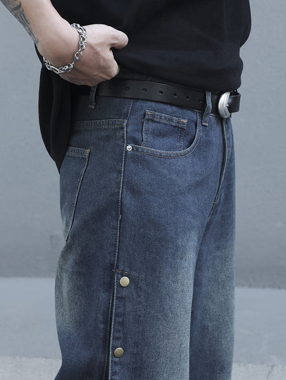 Men's Comfy Loose Fit Wide Leg Jeans - Stylish Fancy Button Detail, Soft Denim, Breathable, Street Style Fashion, Perfect for Casual Daily Wear