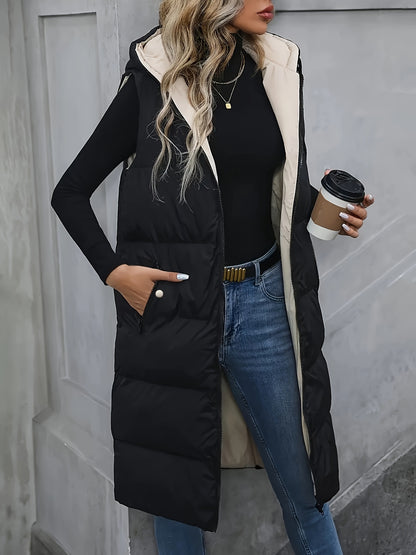 Cozy Puffy Midi Vest - Warm, Sleeveless, Zip-up Hoodie with Slant Pockets for Fall & Winter - Women's Casual Clothing for Everyday Wear