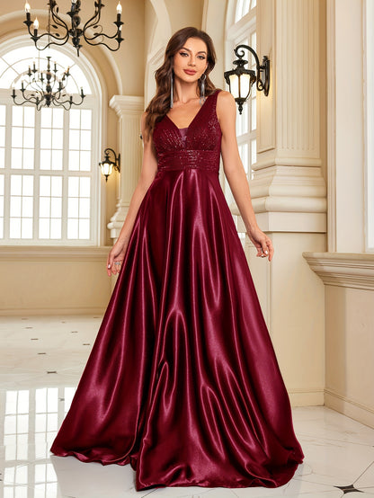 LOVECCR Sequin Sleeveless Bridesmaid Dress, Elegant V-neck Floor Length Dress For Wedding Party, Women's Clothing Wedding/Evening dress/Occasion/Engagement/Ceremony