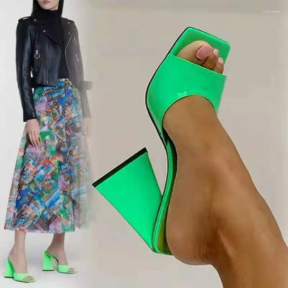 Slippers Women Pumps Heels Platform Slides Large Size Patent Leather Sandals Mules Shoes Summer