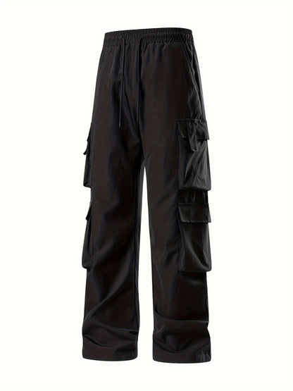 Mens Comfortable Loose Solid Cargo Pants - Multiple Spacious Pockets, Adjustable Casual Drawstring Waistband, Comfortable Loose Fit - Perfect for Outdoor Enthusiasts and Adventurers