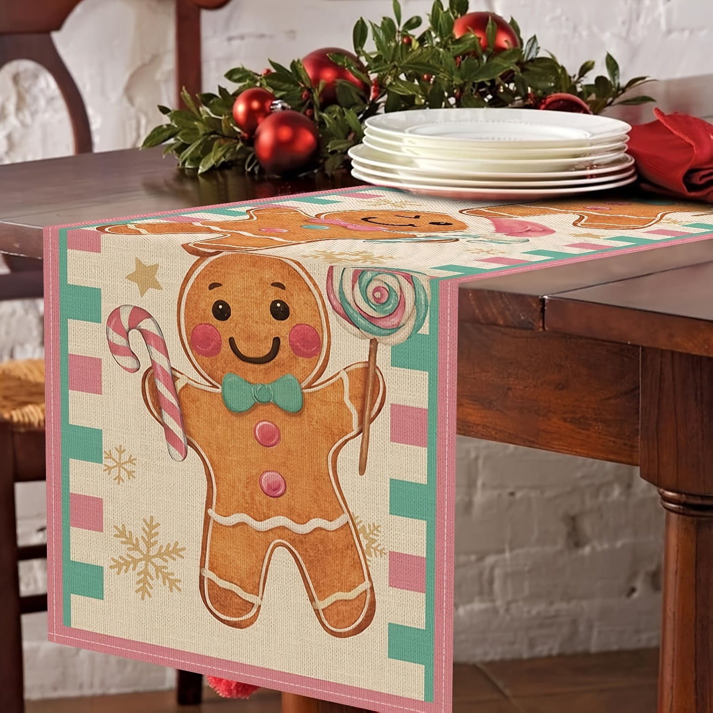 1pc, Christmas Gingerbread Man Table Runner, Pink Xmas Holiday Peppermint Candy Linen Tablecloth, Rectangular Burlap Home Decor, Indoor & Outdoor Party Supplies, Woven Cover, Kitchen & Dining Room Decor