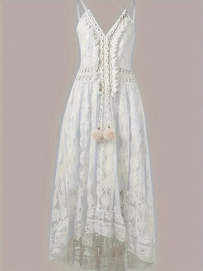 Chic Sleeveless Lace Cami Dress - Elegant Dipped Hem & Tassel Detail - Versatile for Evening & Casual Wear