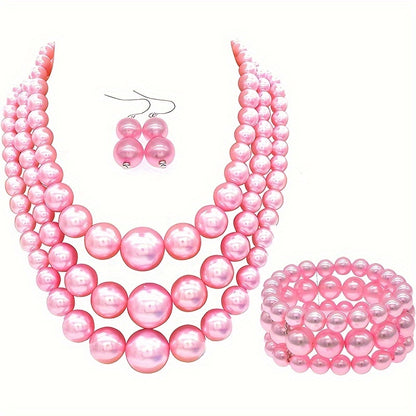 3-Piece Bohemian Faux Pearl Jewelry Set - Exquisite Multi-Layer Design with Stunning Necklace, Dainty Bracelet, and Elegant Earrings - Luxurious, Vintage-Inspired, and Perfect as a Festive Gift Set