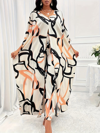 Two-Piece All Over Print Elegant Outfit - V Neck Batwing Sleeve Slit Top & High-Waisted Pants Set - Polyester, Non-Elastic, Woven, Random Print, Suitable for All Seasons
