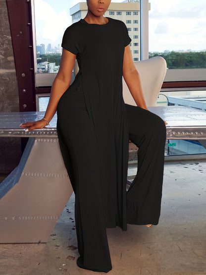 Two-Piece Casual Matching Set - Crew Neck Split T-Shirt & Wide Leg Pants Outfit with Micro Elasticity, Polyester Fabric, Solid Color, and Knit Construction for All Seasons