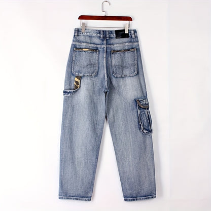 Plus Size Men's Fashionable Multi-Pocket Straight Leg Jeans - Stylish Street Dance and Skateboard Wear with Loose Fit, Round Neck, and Hip Hop Inspiration - Daily Wear for Casual Occasions