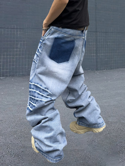 Men's Fashion Retro Washed Lightning Stripe Casual Loose Fit Cotton Blend Jeans with Pockets - Woven, Non-Stretch, Solid Color, Regular Length for Spring/Fall