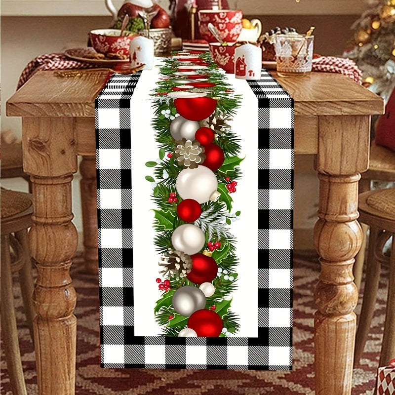 Christmas Table Runner - 1pc Polyester Buffalo Check with Festive Xmas Balls Print, Perfect for Home Decor, Holiday Gatherings, Wedding, Bridal Shower, Birthday, Anniversary - Machine-Washable Table Decor