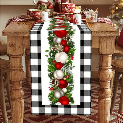 Christmas Table Runner - 1pc Polyester Buffalo Check with Festive Xmas Balls Print, Perfect for Home Decor, Holiday Gatherings, Wedding, Bridal Shower, Birthday, Anniversary - Machine-Washable Table Decor