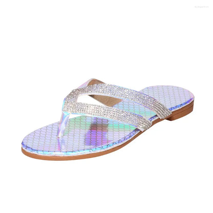 Slippers Summer Women Crystal Flip Flops Fashion Rhinestone Flat Heel Peep Toe Elegant Beach Outdoor Slides Femme