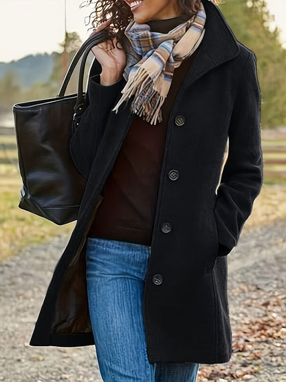 Solid Single Breasted Coat, Casual Long Sleeve Fall & Winter Outerwear, Women's Clothing