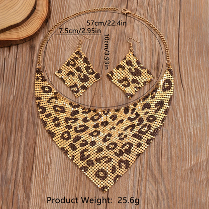 Leopard Print Glamour Jewelry Set - 3-Piece Bib Necklace & Dangle Earrings - Timeless Vintage Style for Fashion-Forward Women - Perfect Accessory for Banquets, Daily Wear, Beach Parties, and Music Festivals