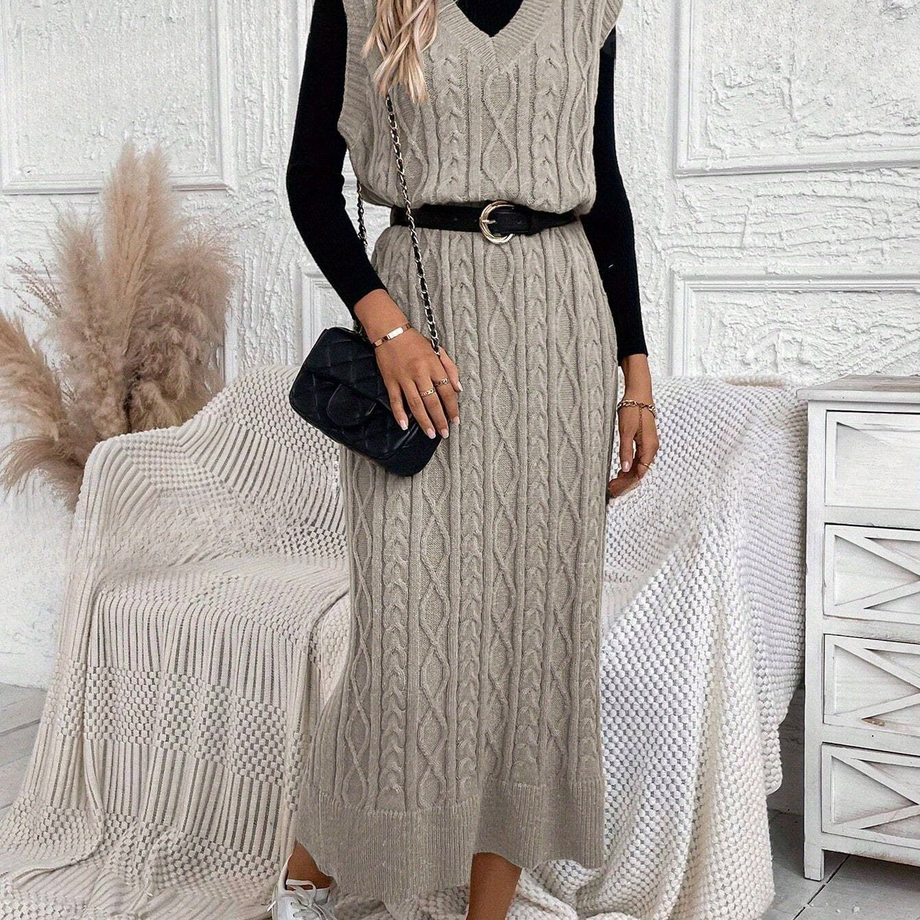 Cozy Cable Knit Sweater Dress - Elegant Sleeveless V-Neck Maxi Dress with Relaxed Fit, Soft and Warm Fabric, Perfect for Casual Daily Wear, Women's Clothing, No Belt Included