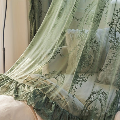 1pc Romantic Vintage Green Floral Embroidery Lace Voile Sheer Curtain - Ruffled Short Window Drapery for Bedroom Office Kitchen Living Room Study - Elegant Home Decor with Soft Filtered Light and Privacy
