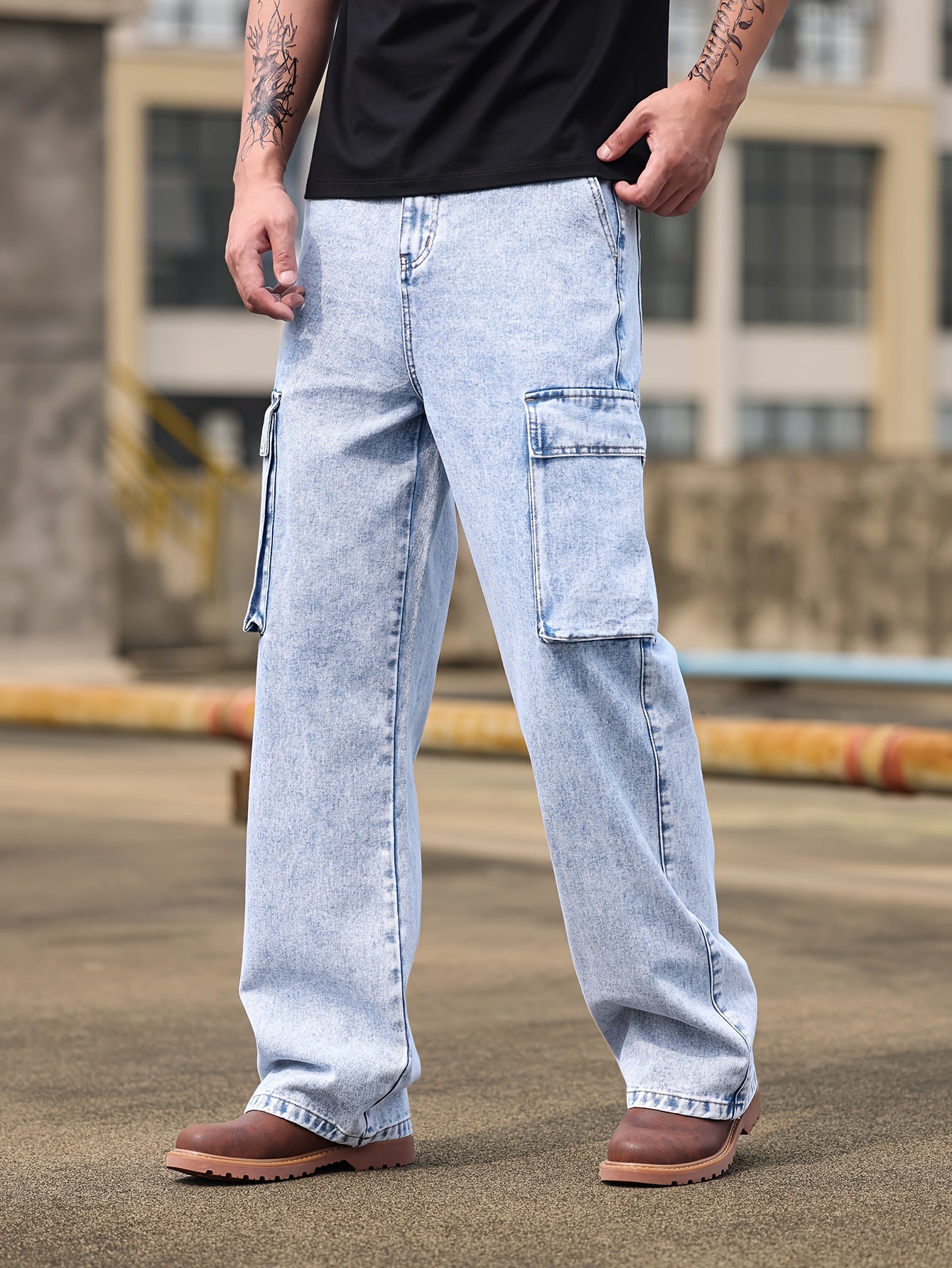 Men's Street Style Cargo Denim Pants, Relaxed Fit Straight Leg Jeans With Side Pockets, Casual Urban Fashion