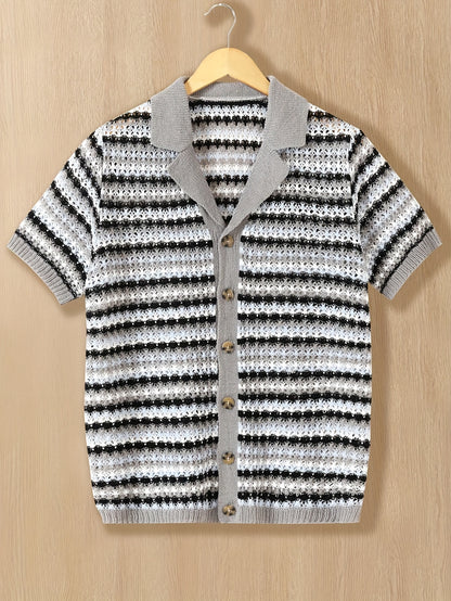 V-Neck Semi-Sheer Knitted Top for Men - Breathable, Slight Stretch, Regular Fit, Solid Color, Casual Style - Perfect for Spring and Summer Leisure Sports Fashion