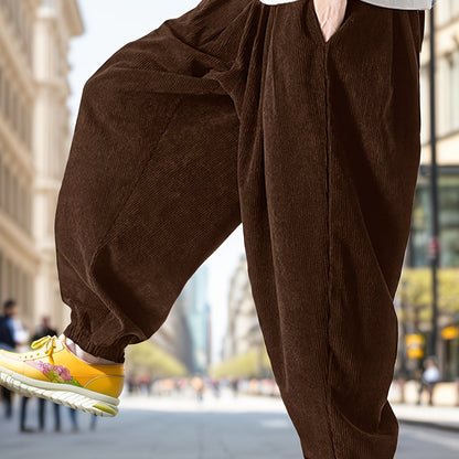 Super Loose Fit Mens Corduroy Trousers - Ultra Comfy Drawstring Harem Pants for Yoga, Streetwear - Soft Polyester, Solid Color, Regular Length, Non-Stretch, Perfect for Spring and Fall Seasons