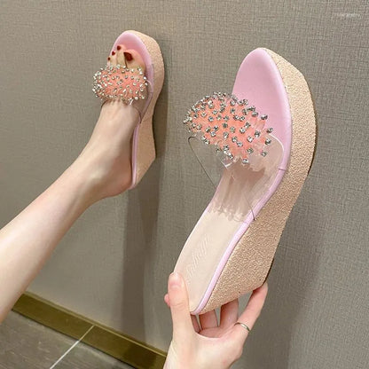 Slippers Crystal Women's  Wedge Heel High-heeled Sandals 8cm Thick Bottom Transparent Rhinestone Fish Mouth Women