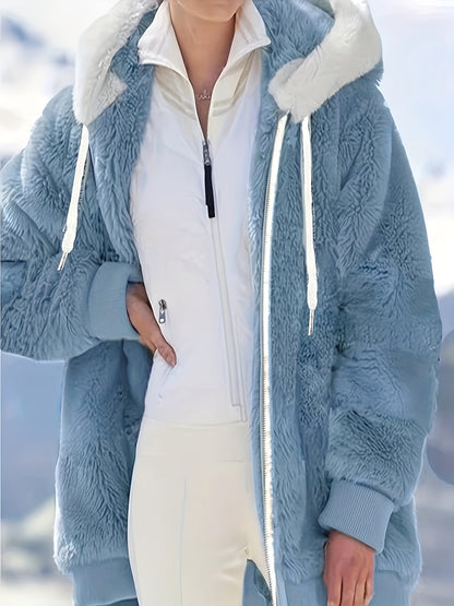 Stylish Long Sleeve Drawstring Hooded Coat - Wool & Blends Coat for Women - Fall and Winter Casual Wear, Zip Up, Solid Color, Comfortable and Warm