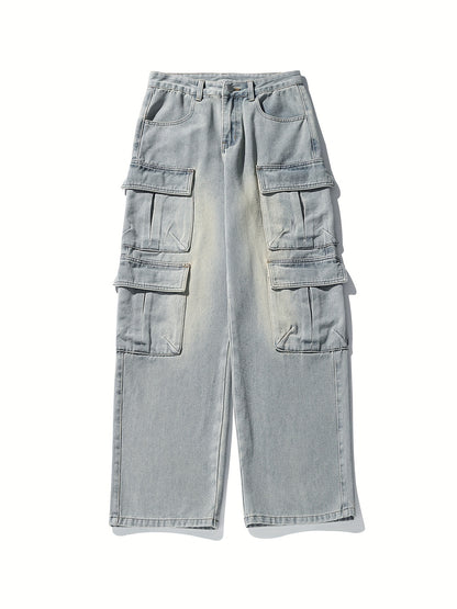 Men's Vintage-Inspired Loose Fit Jeans With Multi-Pocket Design - Casual, Non-Stretch Denim For Spring/Fall