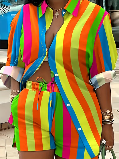 Two-Piece Colorful Stripe Print Outfit - Polo Collar Long Sleeve Button Shirt & Drawstring Shorts - Casual Polyester Clothing for Women, Machine Washable, Woven Fabric, Random Printing, Lapel Collar Style, No Elasticity, All-Season Wear