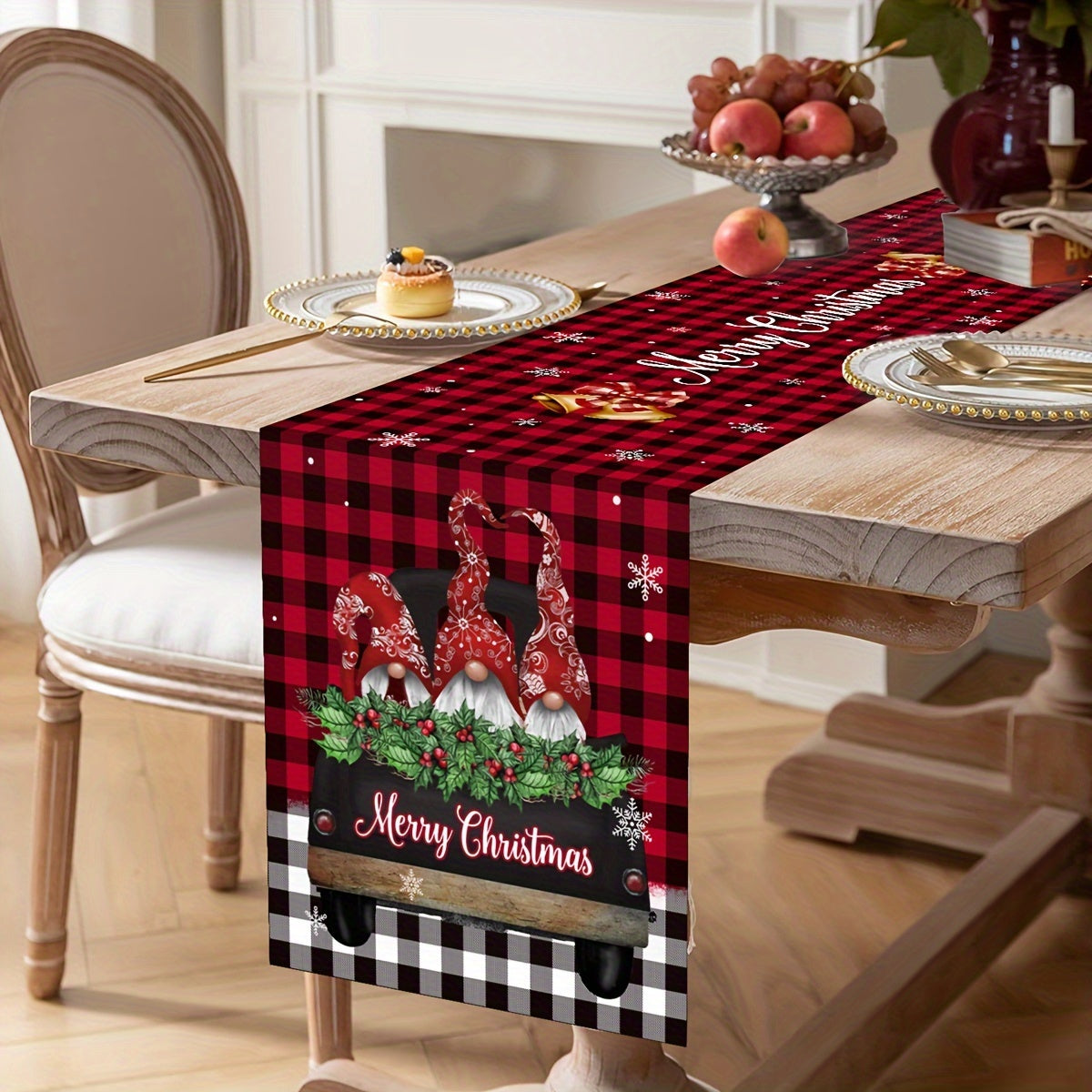 1PC Festive Christmas Gnome Table Runner - Woven Polyester Rectangular Dining Decor with Whimsical Driving Gnome Design, Vibrant Holiday Colors, and Durable Construction for Joyful Holiday Party & Christmas Gatherings, Perfect Festive Home Tabletop Access