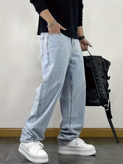 Men's Street Style Loose Fit Denim Jeans - Washed Solid Color Extra Long Straight Leg Trousers, Cotton 75%, Polyester 25%, Non-Stretch, All-Season Woven Fabric