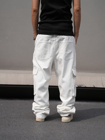 Men's Loose 100% Cotton Solid Denim Cargo Pants With Multi Pockets, Causal Jeans For Outdoor Activities