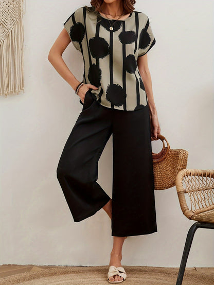 Summer Chic Pantsuit Set - Women's Casual Dot Print Crew Neck Blouse & Solid Color Loose Cropped Pants with Comfortable Fabric and Relaxed Fit - Perfect for Warm Weather Outings
