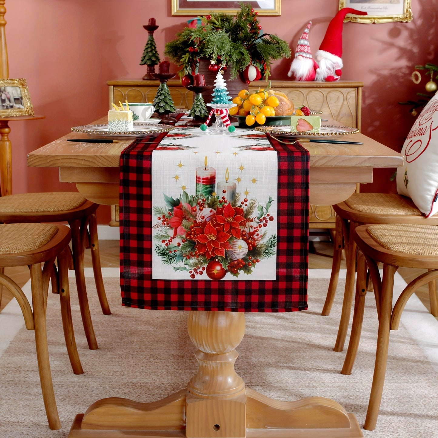 1pc Polyester Christmas Table Runner, Festive Poinsettia & Candle Print, Black & Red Plaid Border, Holiday Table Decor for Home, Family Gatherings, Outdoor Picnics, Kitchen Accessories, Garden Camping, Birthday, Vacation, Wedding Party