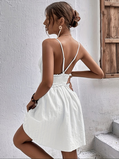Chic V Neck Backless Cami Dress with Flattering Shirred Waist - Delicate Frill Trim, Sleeveless Spaghetti Strap - Perfect for Spring & Summer Day to Night Style - Womens Clothing