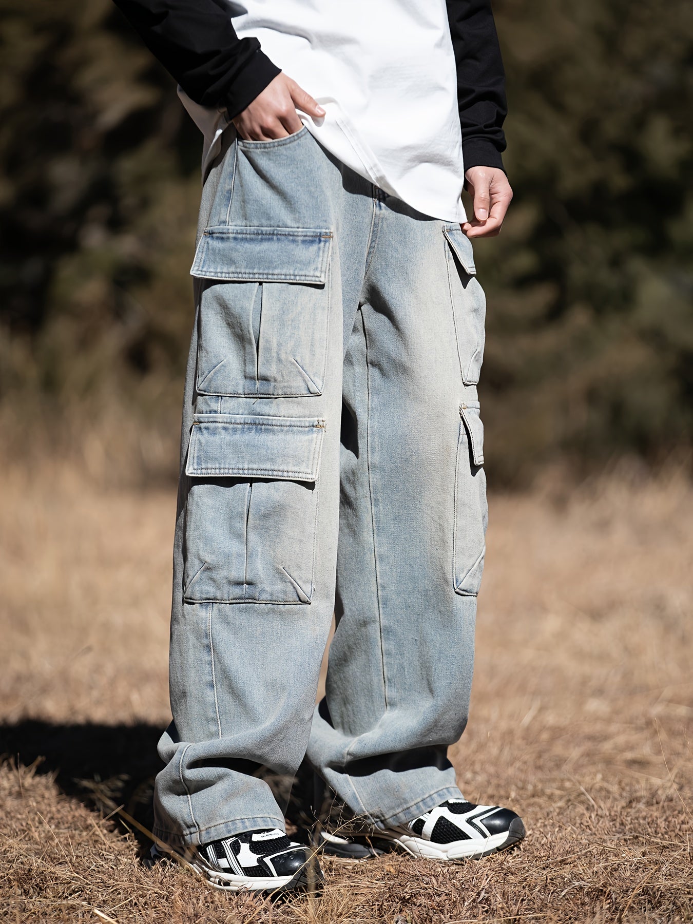Men's Vintage-Inspired Loose Fit Jeans With Multi-Pocket Design - Casual, Non-Stretch Denim For Spring/Fall