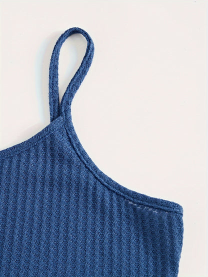 Solid Waffle Shorts Casual Set, Spaghetti Strap Sleeveless Crop Cami Top & Knotted Front Shorts Outfits, Women's Clothing