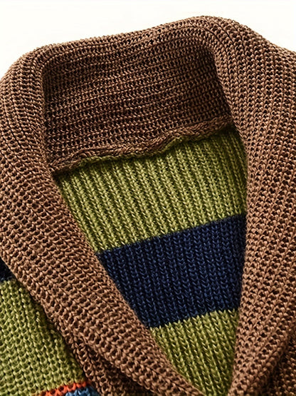 Plus Size Men's Stylish Contrast Color Knit Cardigan Sweater for Spring, Fall, and Winter - Soft, Cozy, and Versatile - Perfect for Casual Daily Wear, Outdoor Activities, and Layering Under Jackets