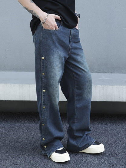 Men's Comfy Loose Fit Wide Leg Jeans - Stylish Fancy Button Detail, Soft Denim, Breathable, Street Style Fashion, Perfect for Casual Daily Wear