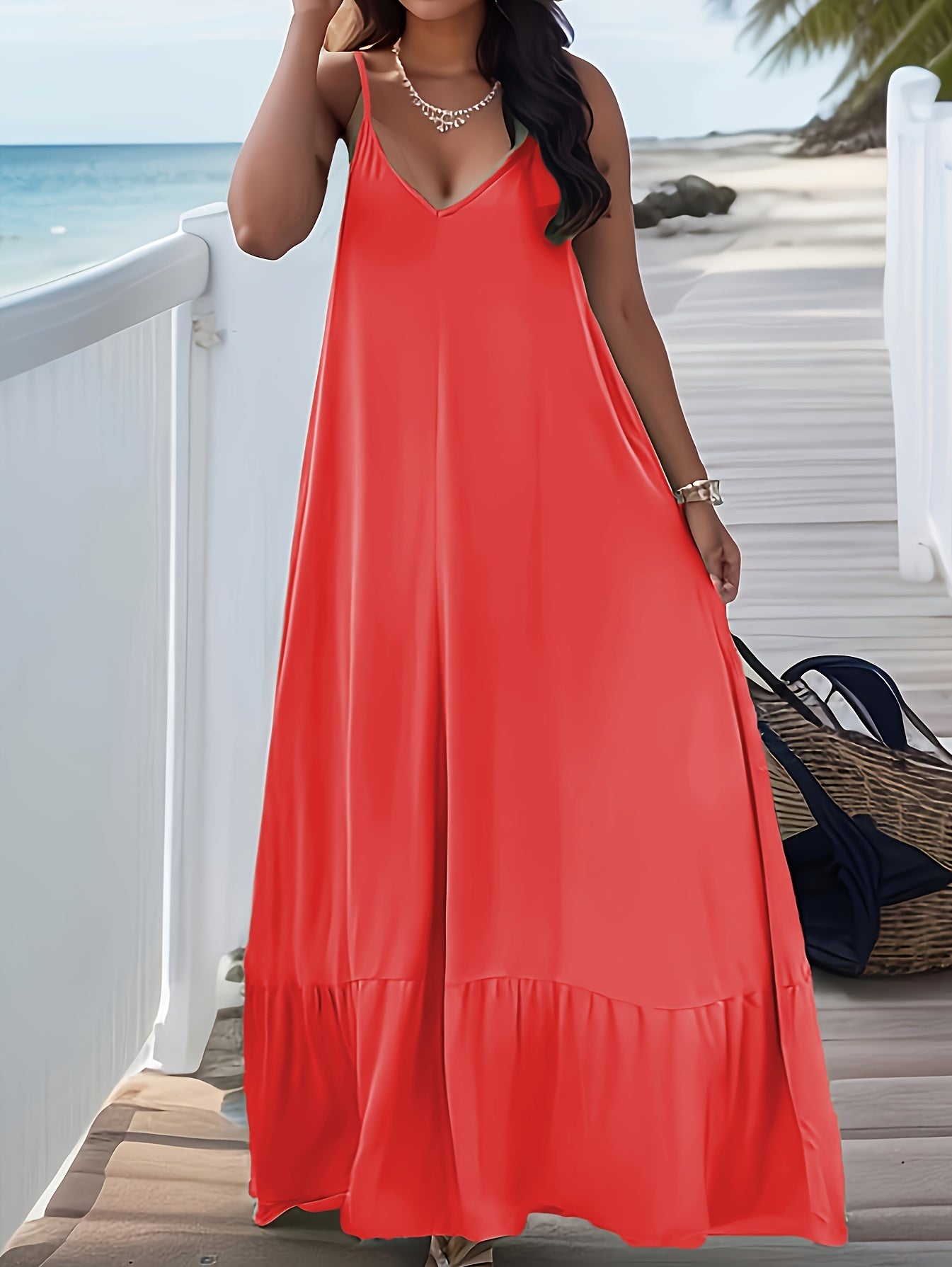 Plus Size Flowy Maxi Dress - Comfy V-Neck Spaghetti Strap with Backless Design - Perfect for Casual Outings