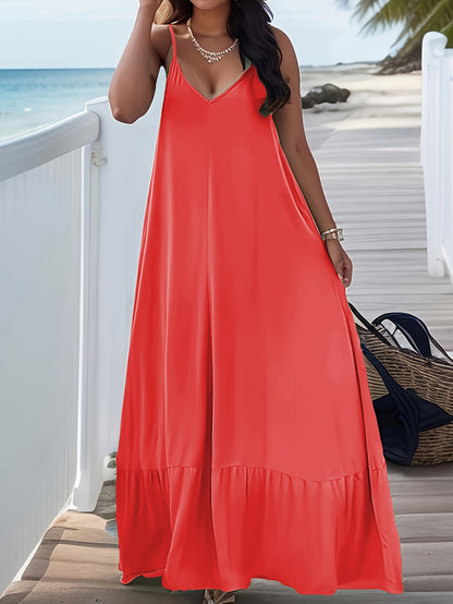 Plus Size Flowy Maxi Dress - Comfy V-Neck Spaghetti Strap with Backless Design - Perfect for Casual Outings
