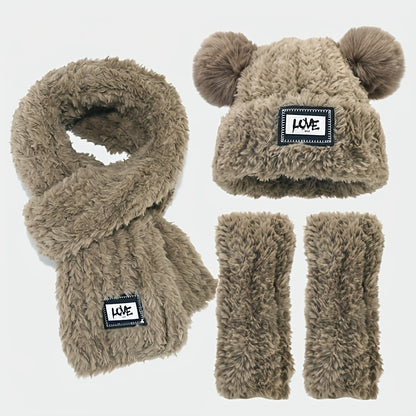 2pcs+1pair/set Labelled Lettering Double Balls Knit Hat & Scarf & Gloves For Autumn And Winter Outdoor, Ideal choice for Gifts